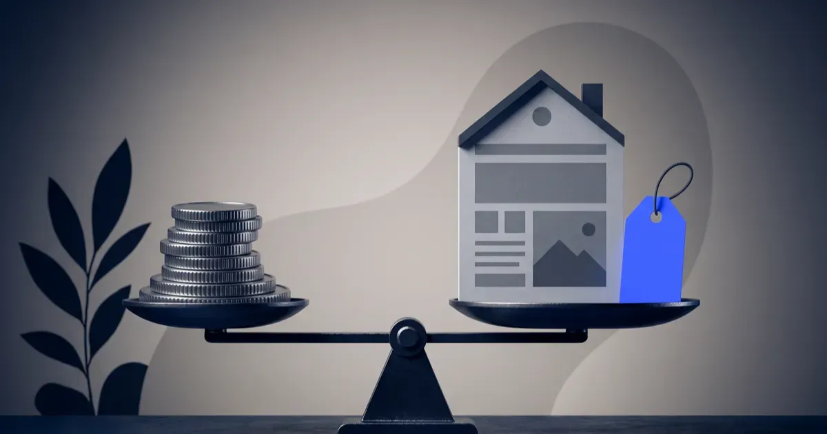 Illustration of coins balanced against a website with a price tag, showing small business website cost in the UK