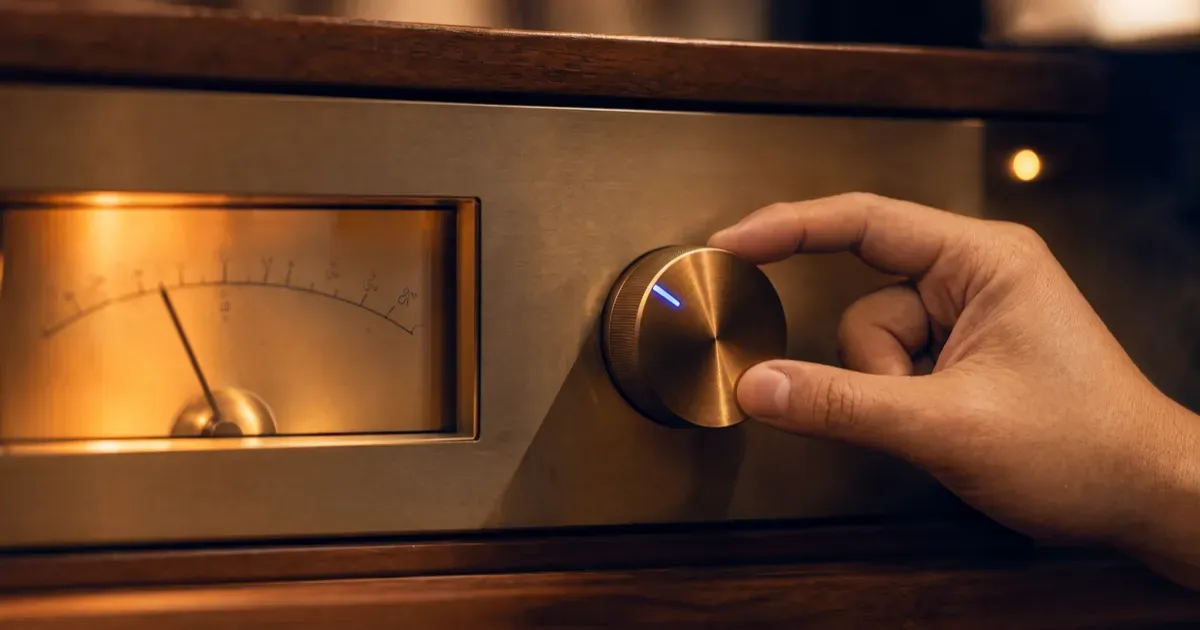 A hand fine-tuning a dial on a vintage amplifier, a metaphor for conversion rate optimisation