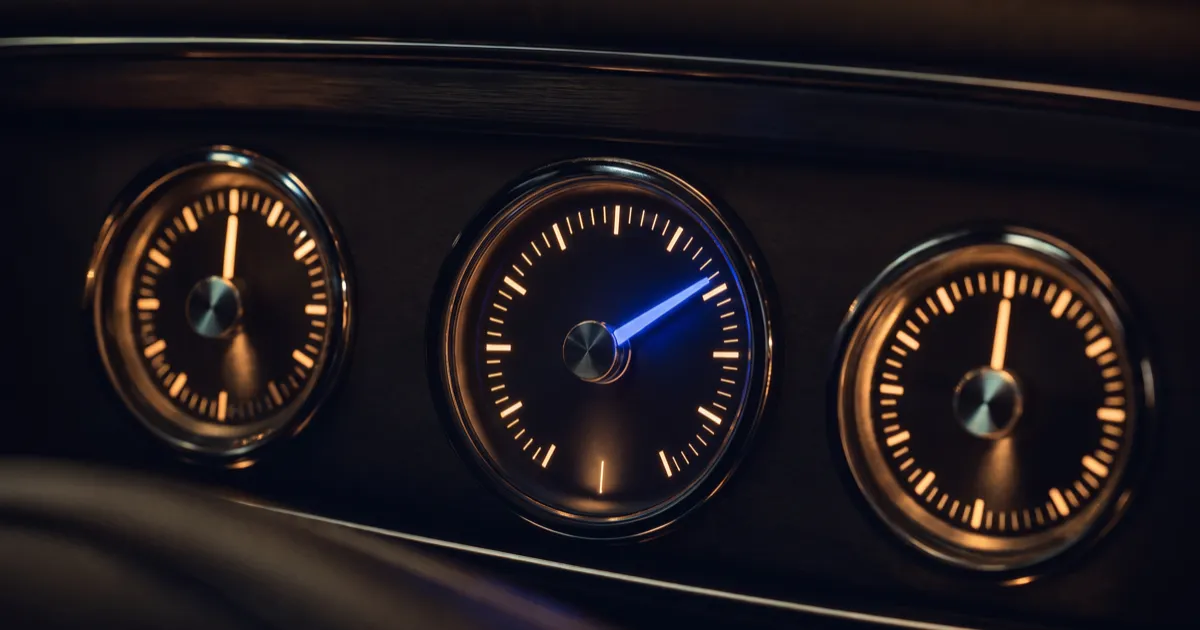 Three analogue dashboard gauges glowing in a dark car, a metaphor for the three Core Web Vitals metrics
