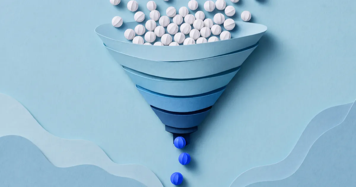 Paper-cut funnel with many visitors entering and a few converting at the bottom, illustrating a good website conversion rate