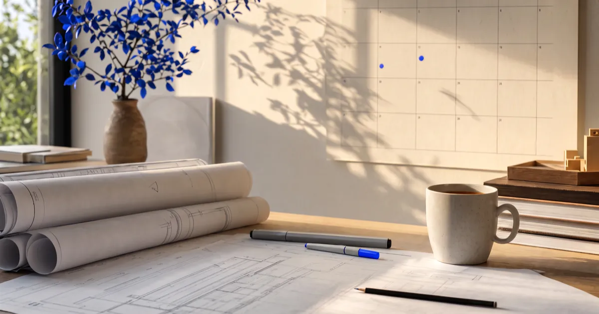 An architect's desk with blueprints and a calendar, representing the timeline of a website rebuild