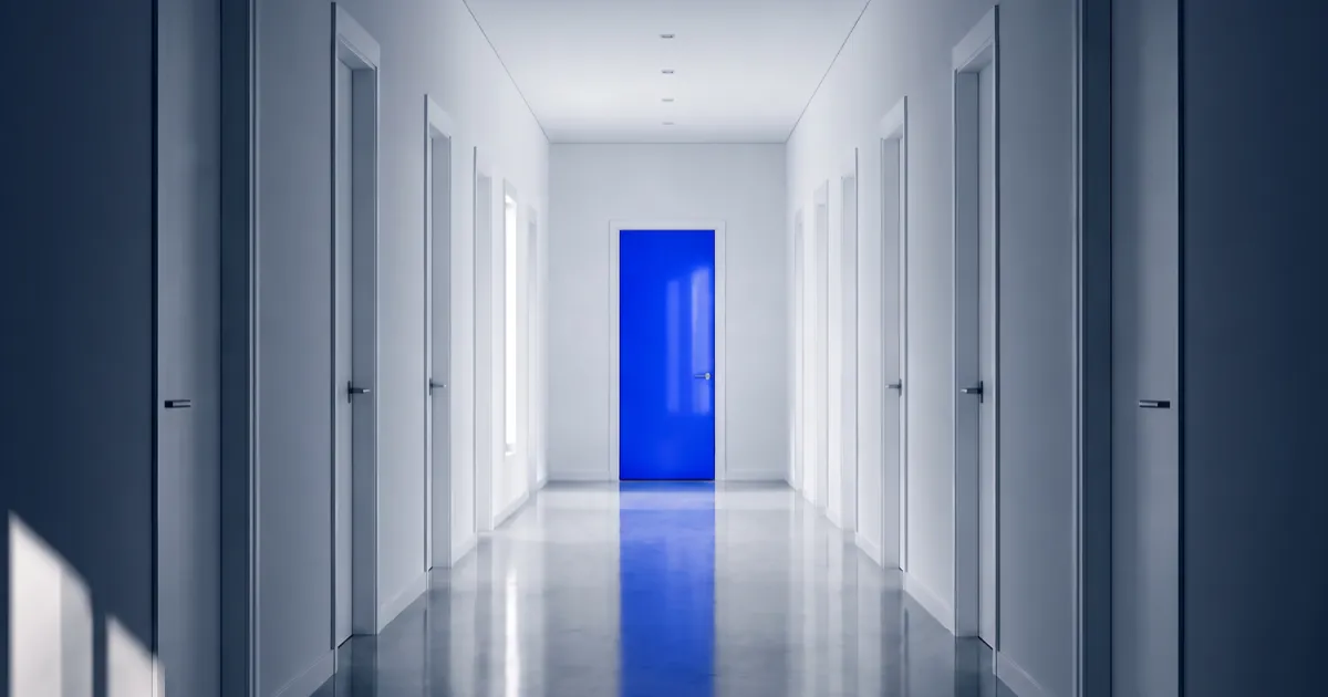 A single blue door among many plain white doors, showing why a page needs one clear call to action