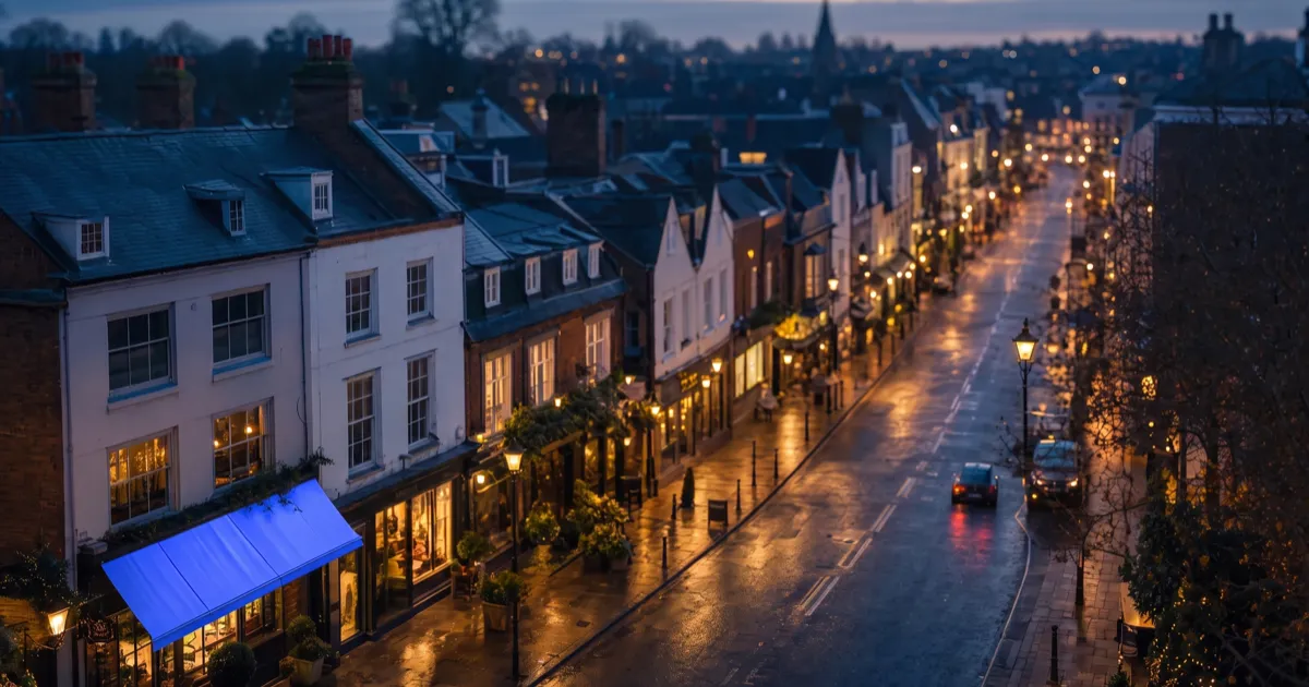 Aerial view of a British high street at dusk with one shop awning lit blue, showing local SEO for near me searches
