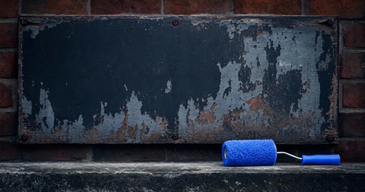 A peeling old shop sign with a paint roller ready, showing signs a website needs a redesign