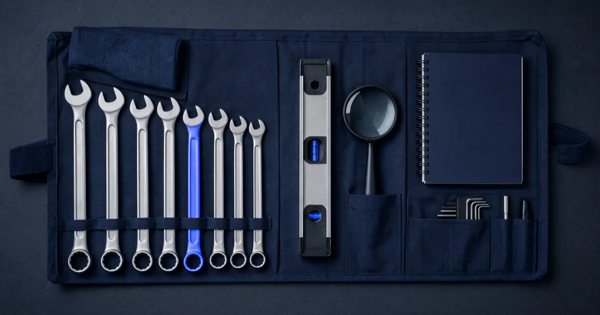 An organised toolkit laid out on a canvas roll, representing small business SEO services explained