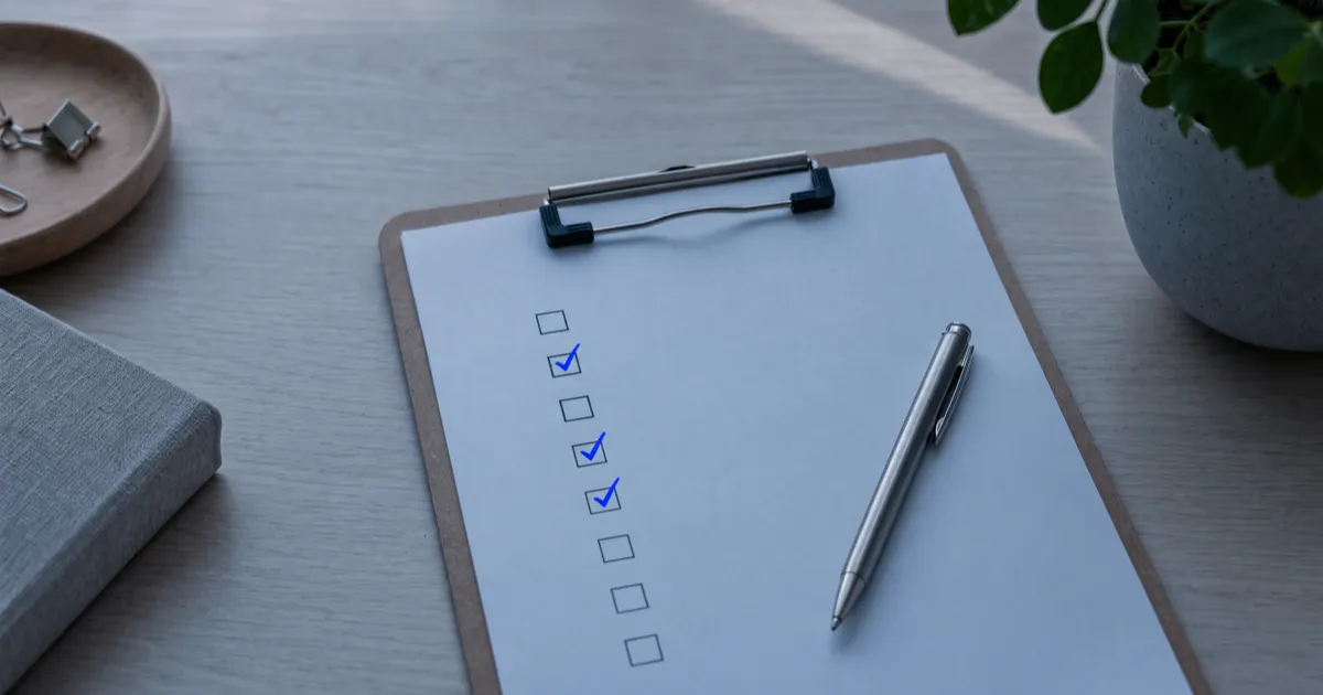 A clipboard checklist with blue ticks on a desk, representing a website audit checklist