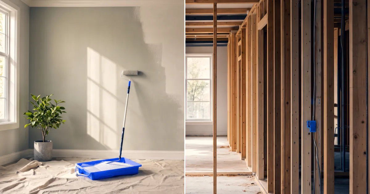 A room being repainted beside a wall being rebuilt from the frame, comparing a website redesign with a rebuild