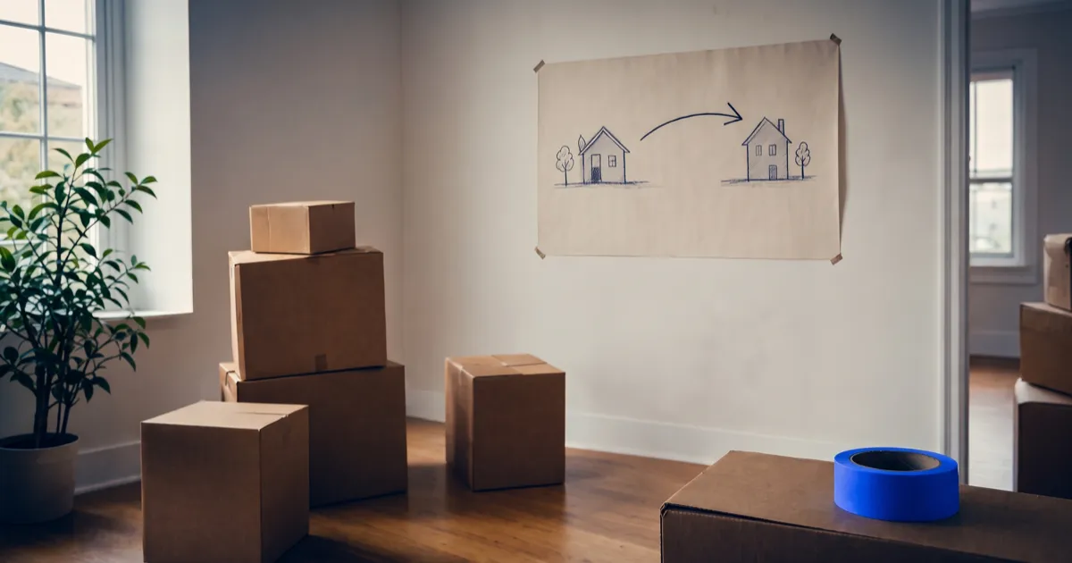 Moving boxes and a map with arrows, a metaphor for moving a website without hurting SEO during a redesign