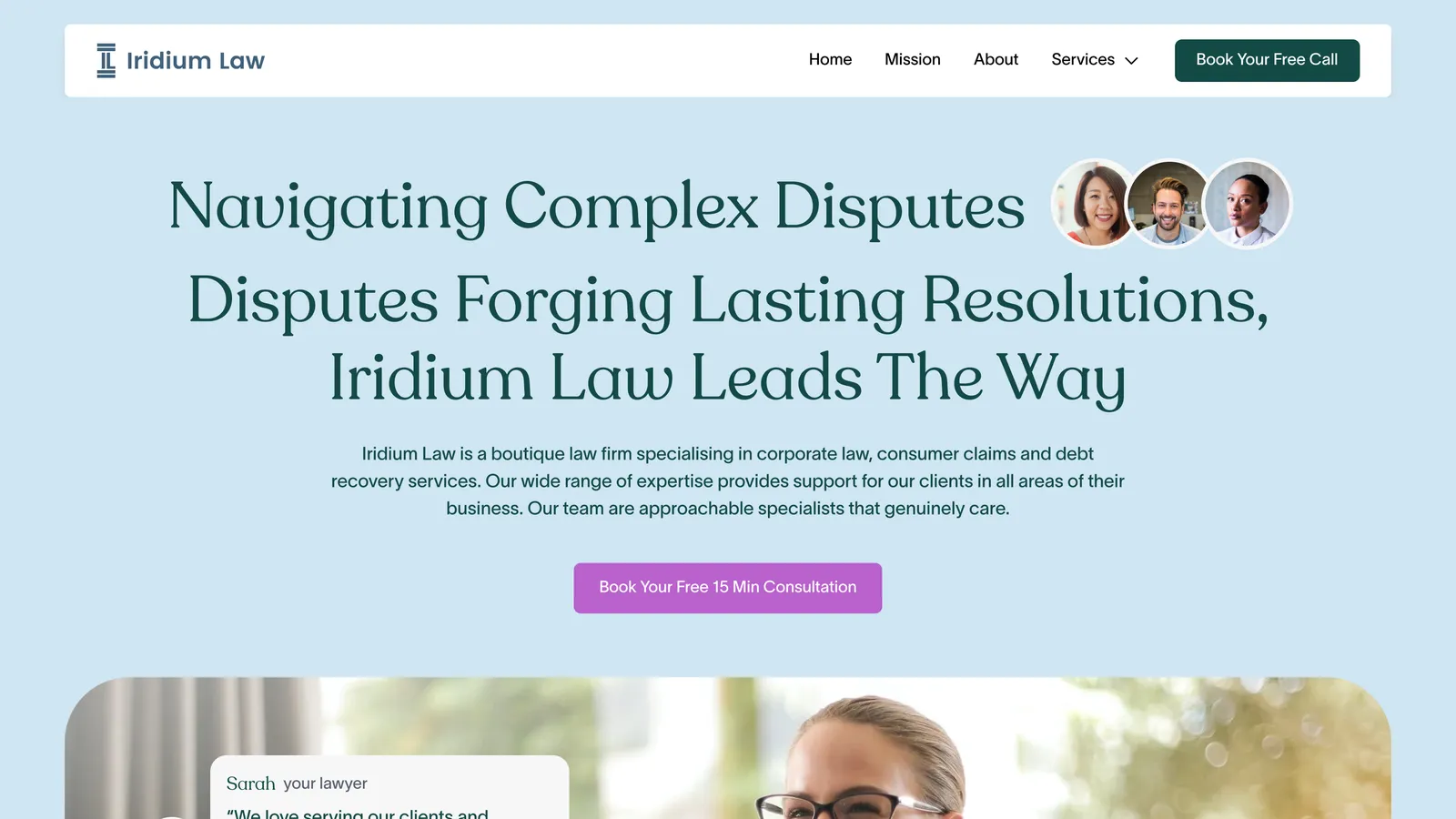 Webflow website for Iridium Law, built by FlowConverts as a Webflow agency for law firms, with three lawyer portraits beside the headline