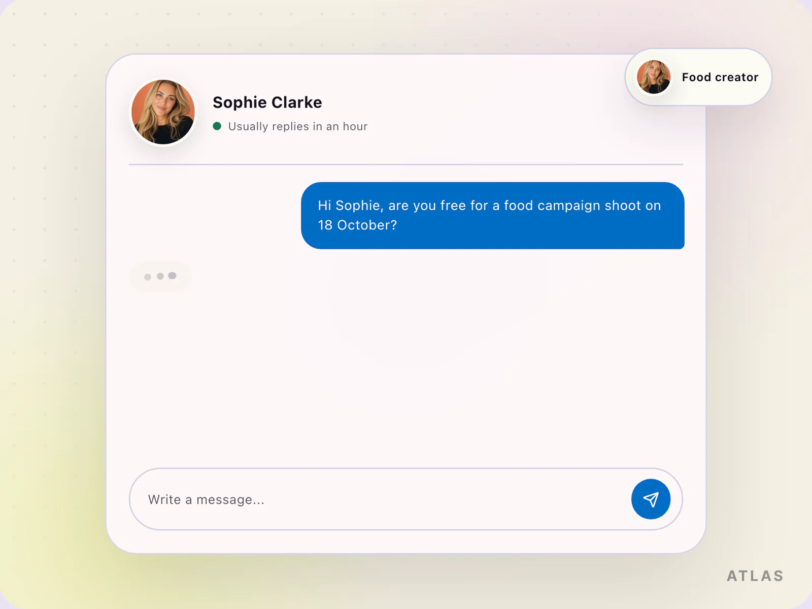 Atlas message-from-profile step, with a direct message thread to a food content creator and a reply field