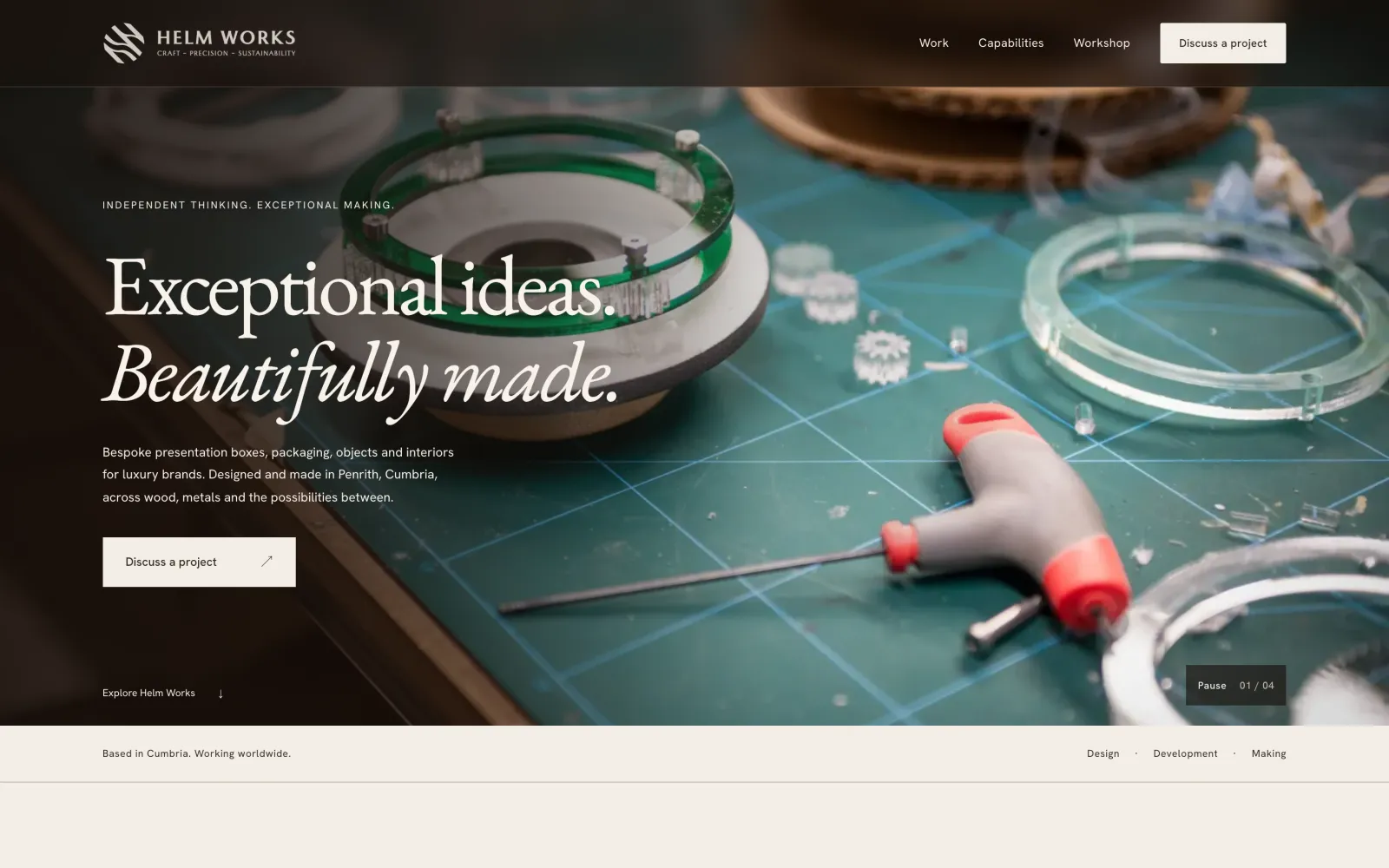 Helm Works homepage hero with the line Exceptional ideas. Beautifully made.