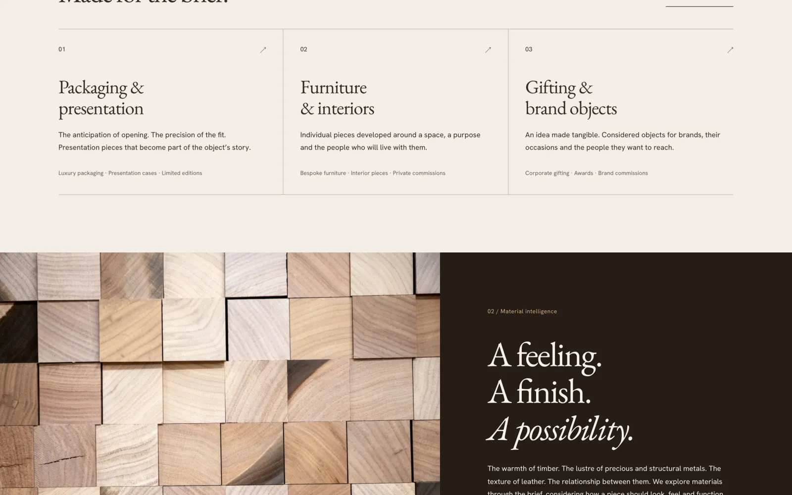 Helm Works services for packaging, furniture and gifting, above the material intelligence section