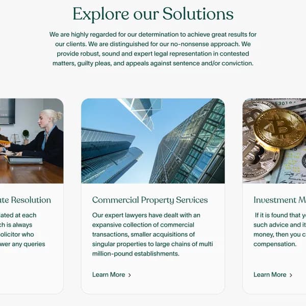 Law firm services section design with service cards for commercial dispute resolution, commercial property and investment mis-selling