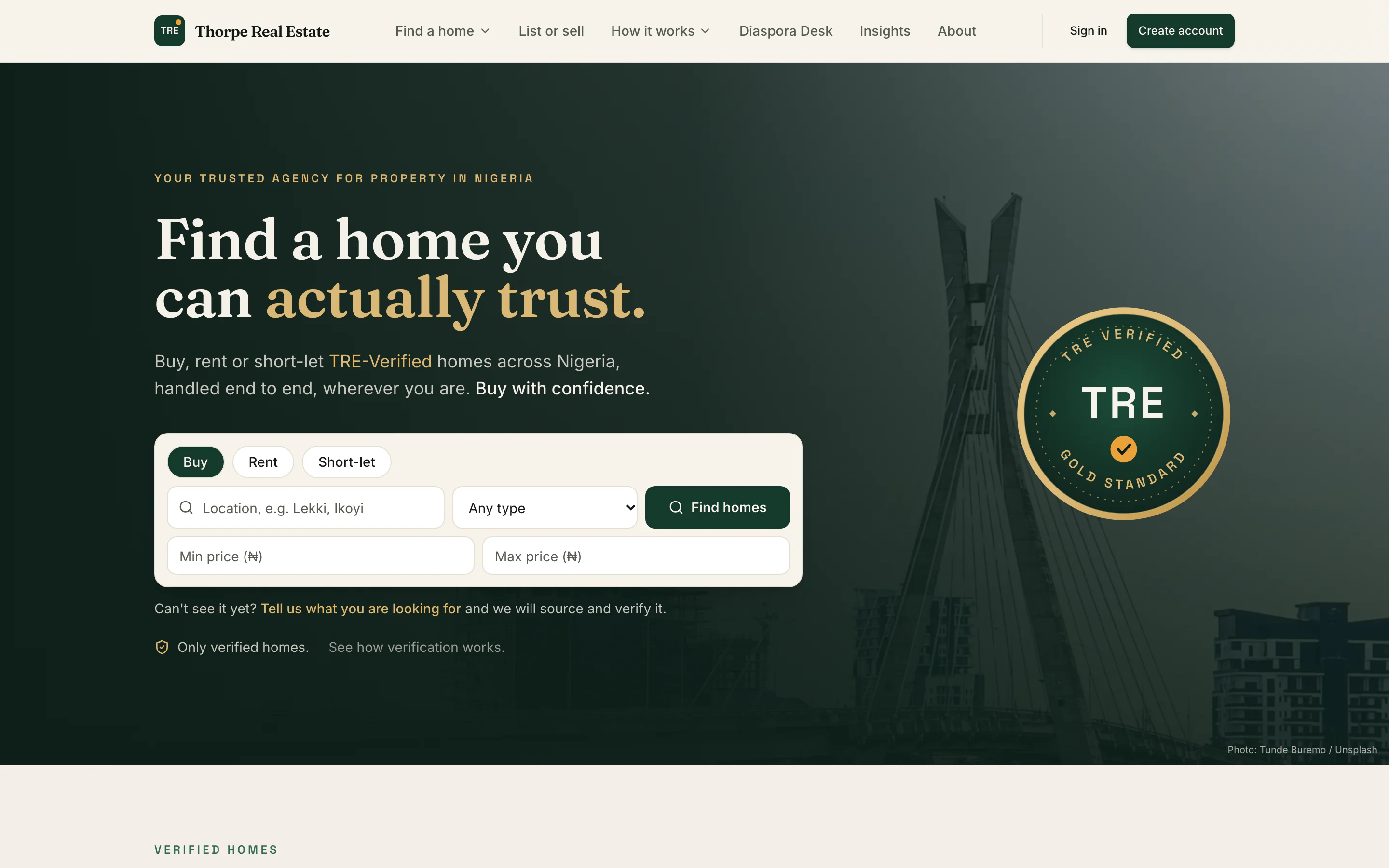 Thorpe Real Estate homepage with the headline Find a home you can actually trust, a buy, rent and short-let search panel and the TRE Verified Gold Standard seal