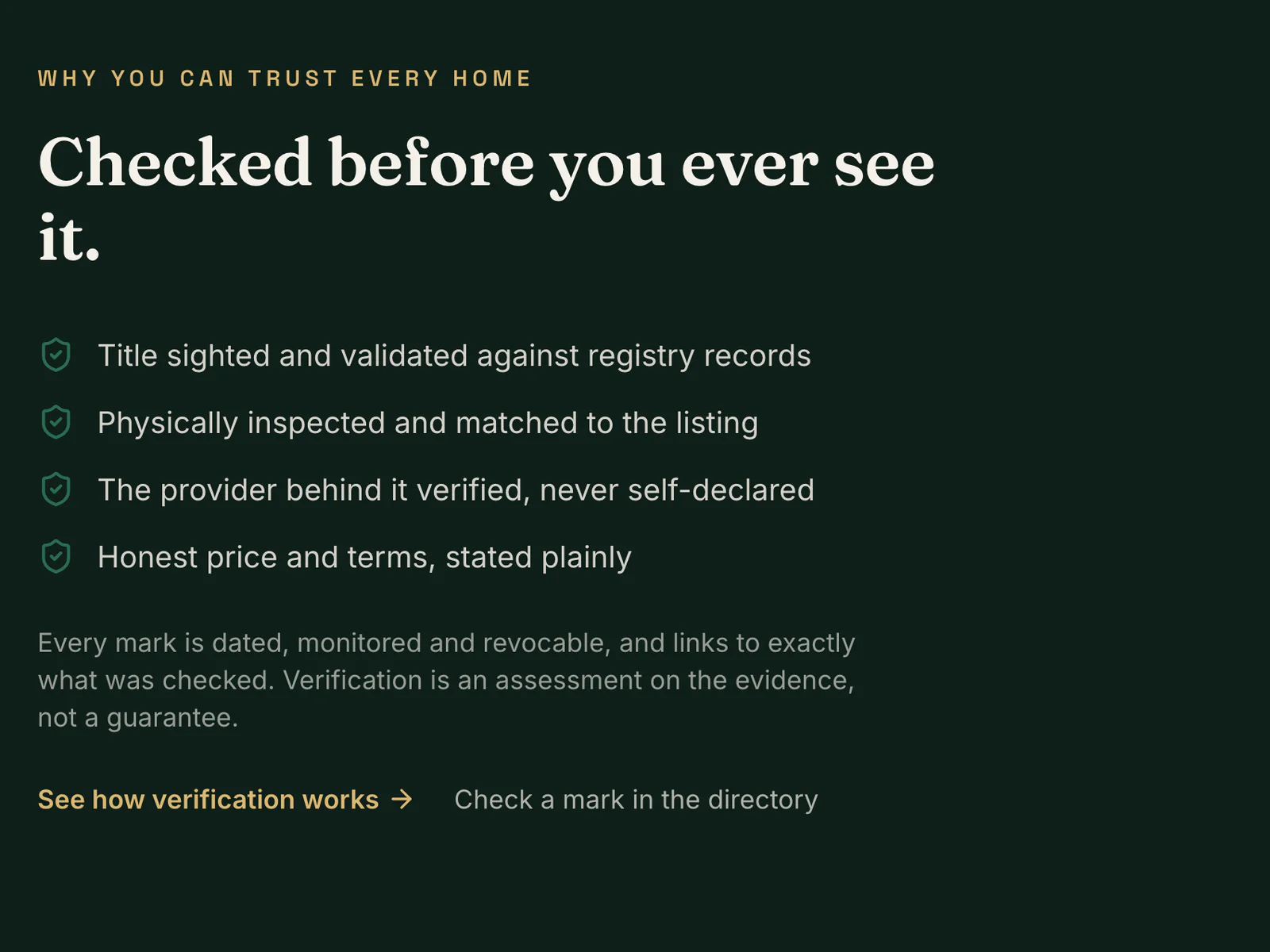 Thorpe Real Estate verification section listing the title, inspection, provider and price checks behind every home